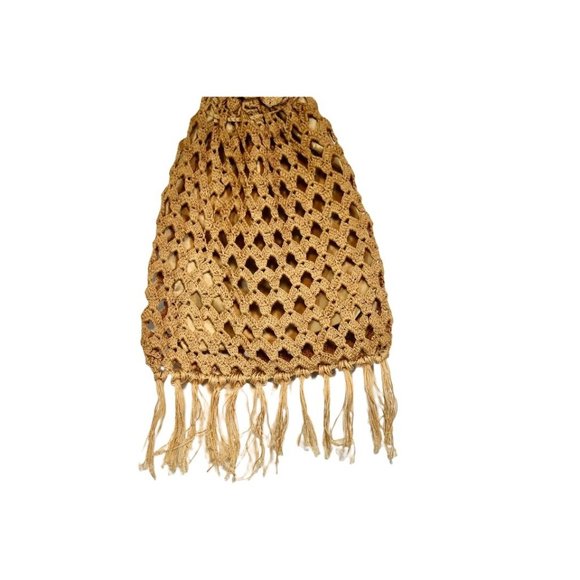 Vintage Women's Boho Crochet Drawstring Handbag Satin Lining Long Strap Fringe - Picture 2 of 8